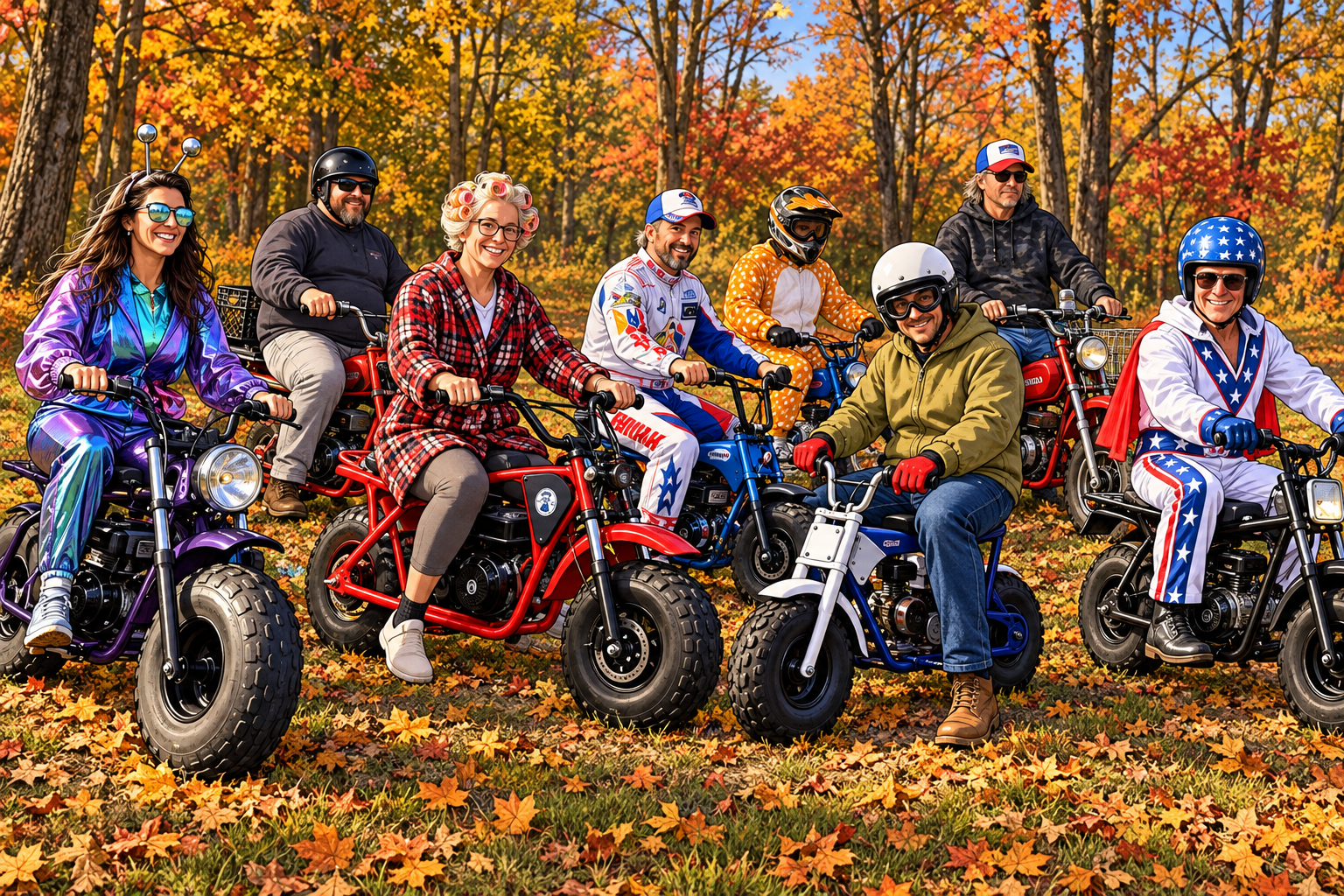 Cartoon portrait of all eight original Spoon 500 riders with their minibikes and costumes in the autumn woods.